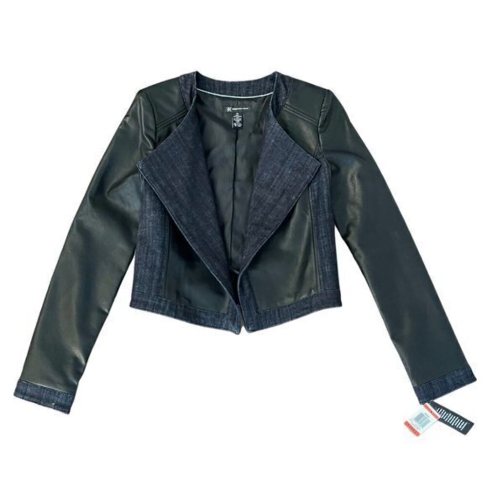 INC Faux Leather and Denim Trim Cropped Jacket - Size XS (NWTs)